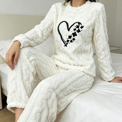 Autumn Winter Women Pajama Set Embroidered Heart Flannel 2Pcs Long‑Sleeve Thick Warm Sleepwear Ladies Cozy Loose Home Loungewear