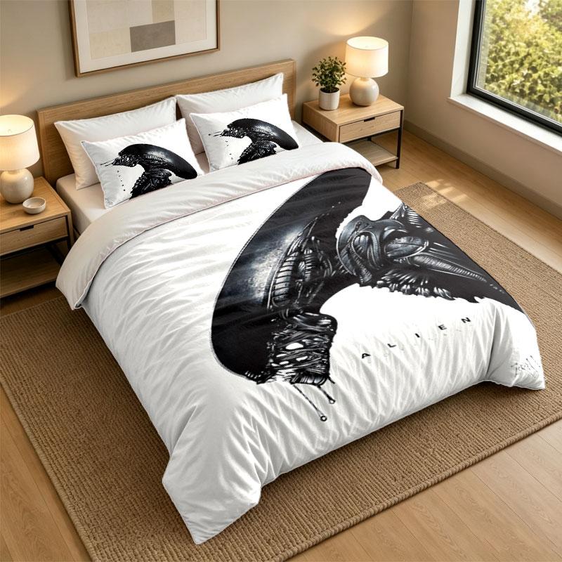 3Pcs Bedding SetAlien Xenomorph Soft Bed Sheet and Two Pillowcases Home Bedroom Decor