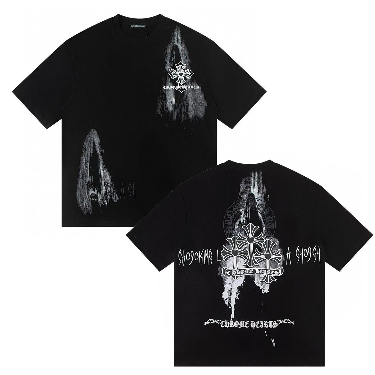 Chrome Hearts W362  2026 Zomer Nieuw Hoge Kwaliteit Katoen Ronde Hals Los Grote Maat Heren en Dames T-shirt Koppel T-shirt S zwart
