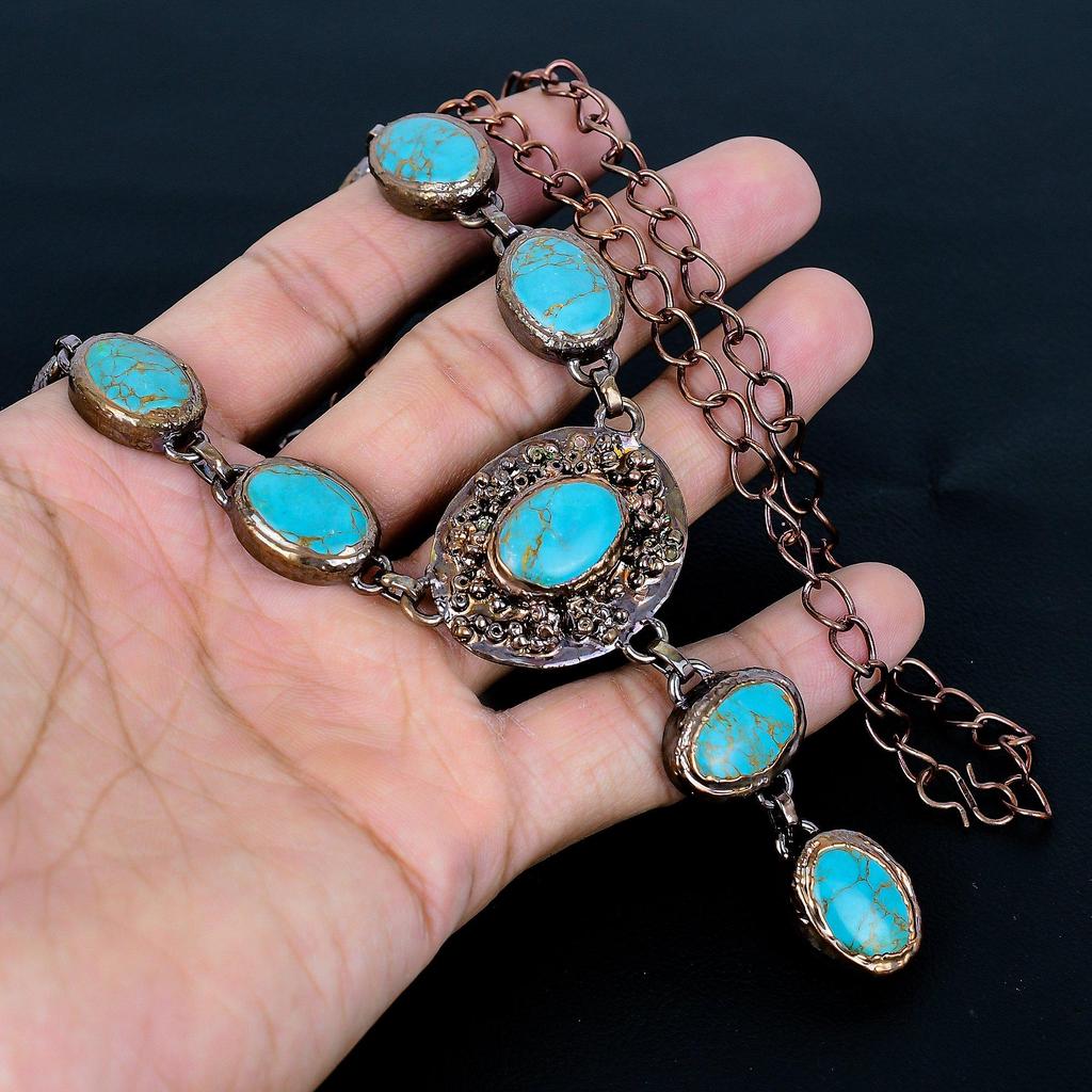 Arizona Turquoise Gemstone Necklace, Copper Electroformed Necklace Adjustable Chain Jewelry, Handmade Antique Jewelry Gift For Mother