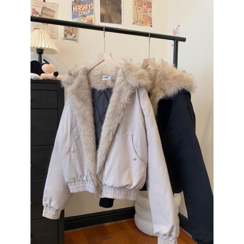 Winter Short Hooded Parka with Big Fur Collar Thick Cotton Jacket for Women