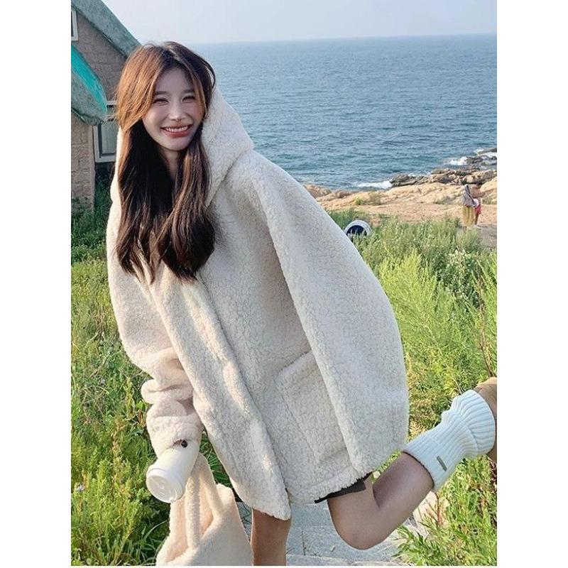 Korean Lamb Fleece Coat Women Winter Thickened Warm Hooded Cotton Jacket Slimming Design