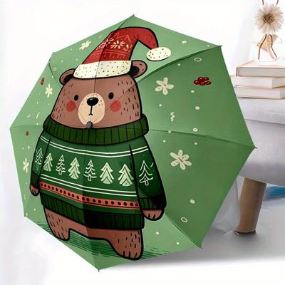 1pc Winter Festive Bear Automatic Open/Close Umbrella - Compact Travel Umbrella, 8-Rib Heavy-Duty Construction, Ideal Gift, Outdoor Accessor