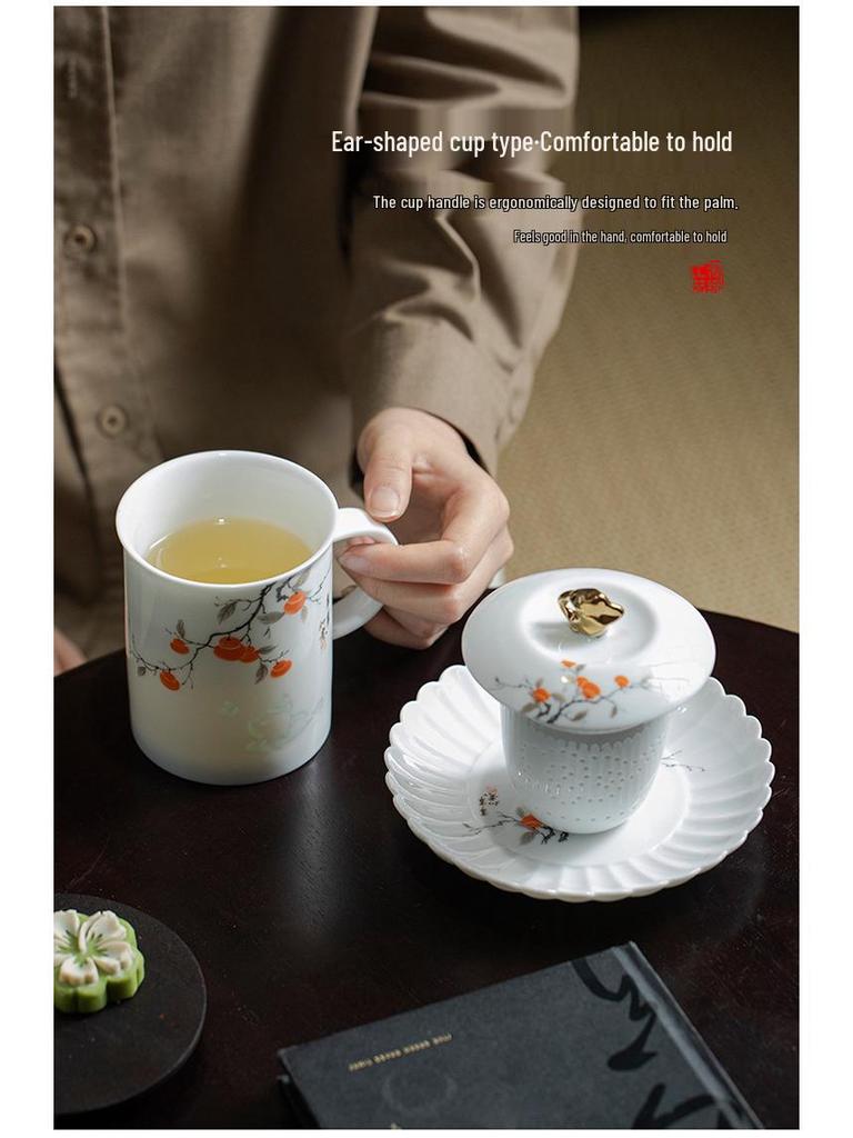 Exquisite Mutton Fat Jade Office Tea Cup Set with Lid & Filter