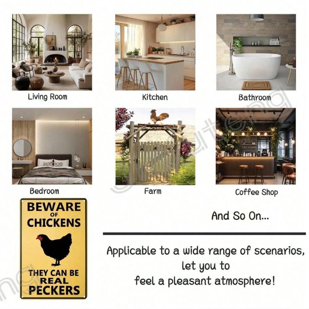 Funny Beware Of Chickens Tin Sign Retro Farmhouse Metal Plaque Outdoor Garden Wall Decor