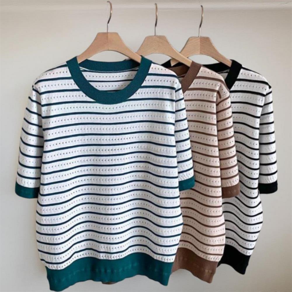 New ArrivalS Open Run Women S caSual Rayon Punching Stripe Color Block Short Sle
