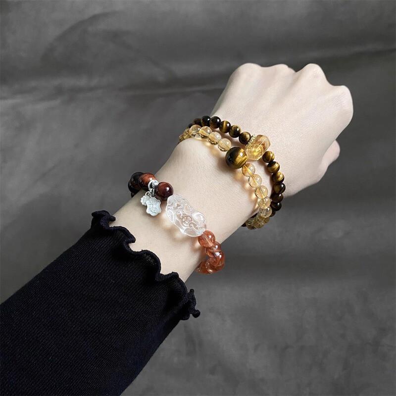 Natural Yellow Quartz Tigers Eye Double Wrap Bracelet Women Geometric Style Crystal Beaded Jewelry