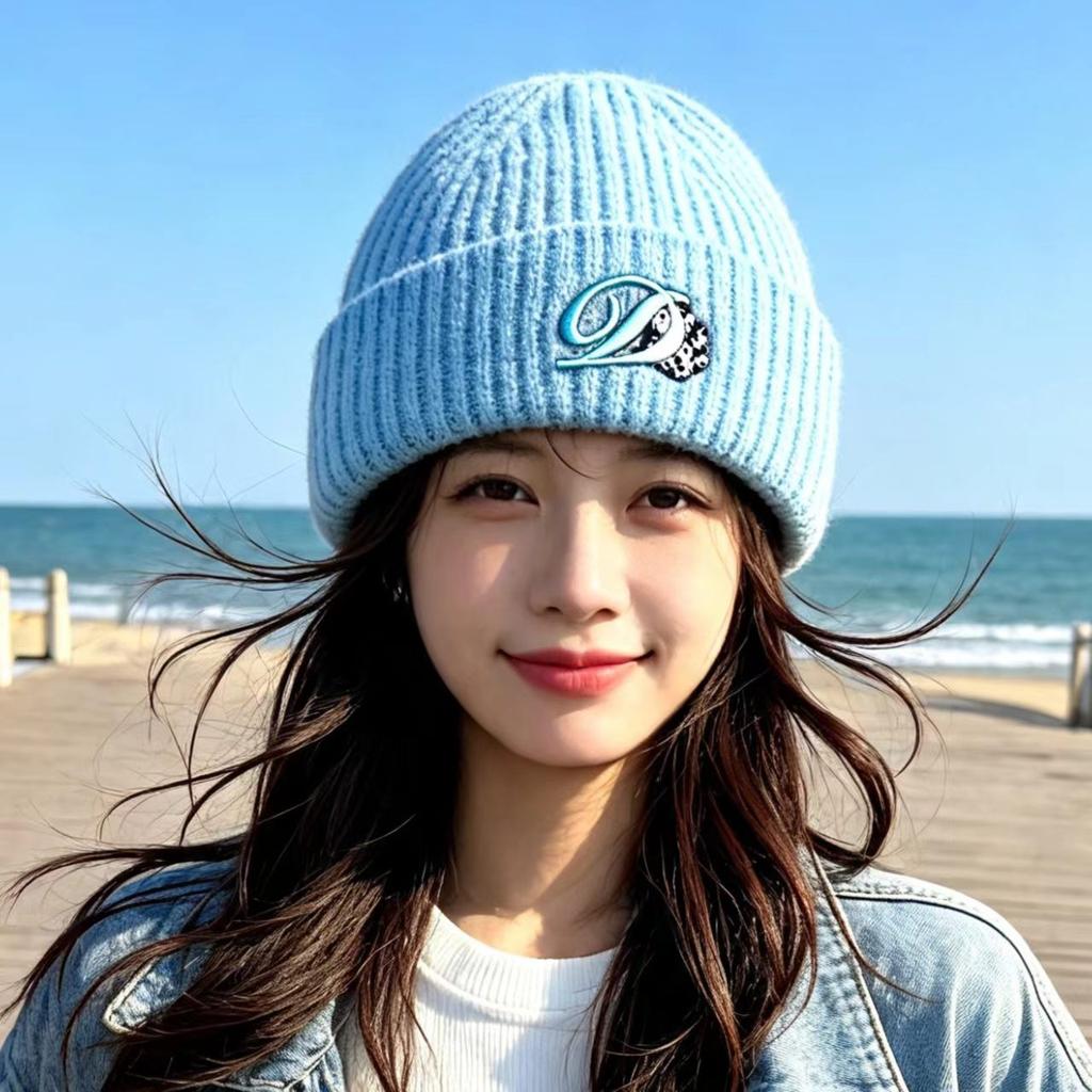 New big head circumference letter embroidered wool hat women's autumn and winter warm and cold-proof knitted hat showing the face small pullover hat
