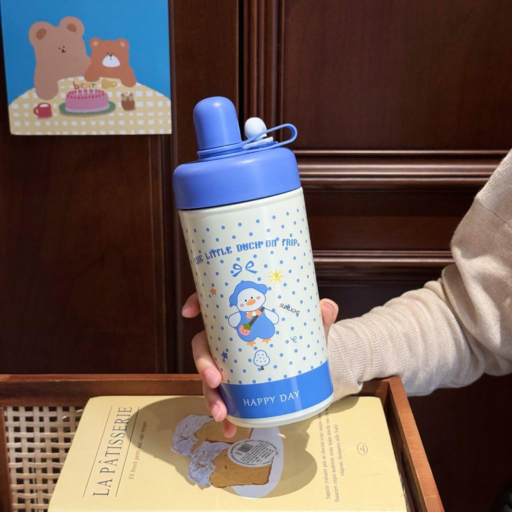 Water Bottle New Dudu Cartoon Straw Thermos Cup 111 Water Cup Strap Portable Coffee Cup