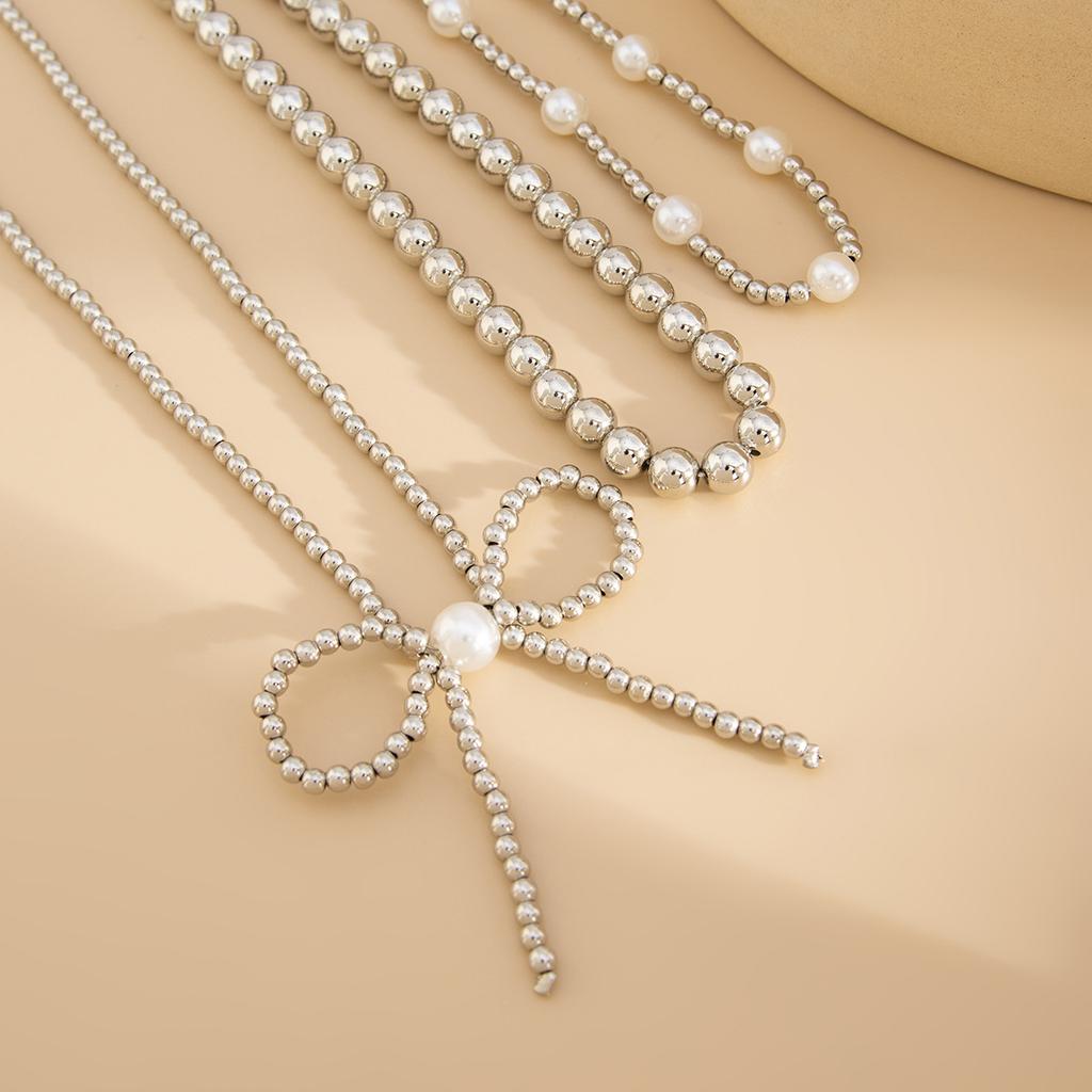 Sweet And Cool Style Imitation Pearl Bow Necklace, Personalized Ccb Beaded Collarbone Chain Necklace