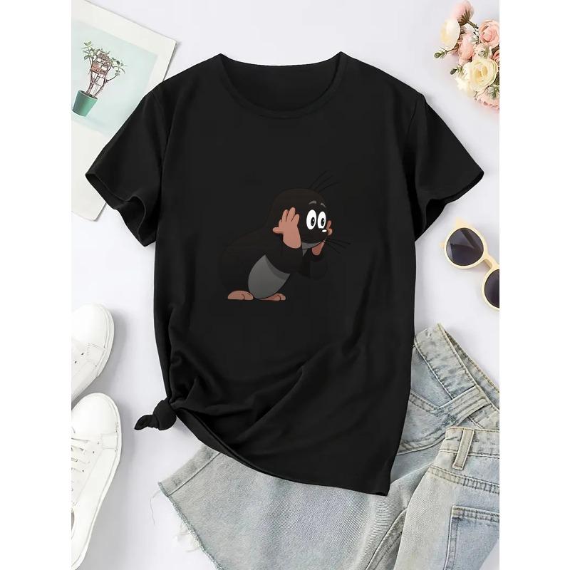 European Size Women'S Short-Sleeve Round-Neck T-Shirt with a Casual Sports Cartoon Print, Suitable for Women'S Athletic Wear.