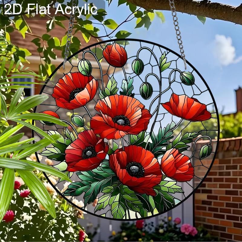 Acrylic Red Poppy Flowers Suncatcher, Stained Glass Style Window Hanging Ornament for Garden and Floral Art Lovers