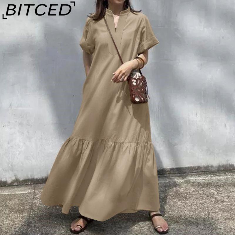 

BITCED S-5XL Летнее повседневное однотонное женское длинное платье с V-образным вырезом и коротким рукавом XXXXL хаки