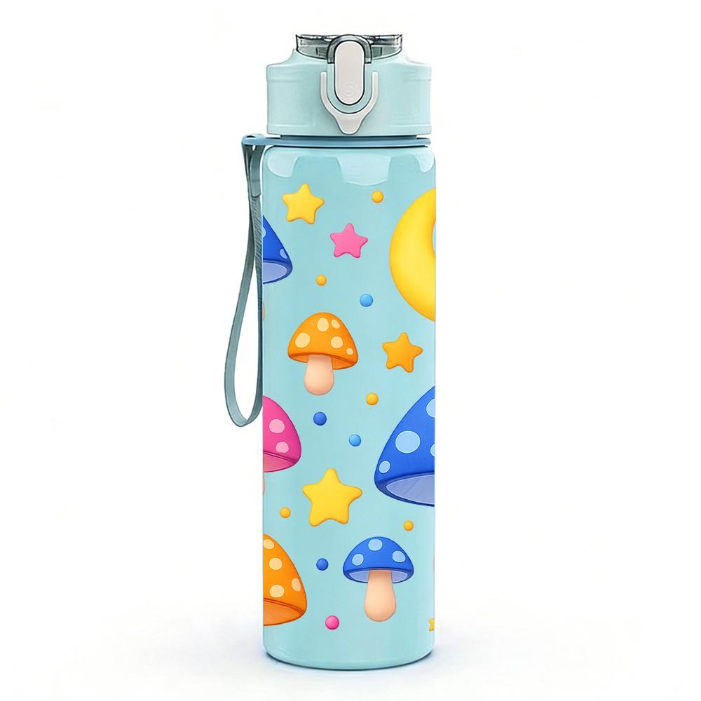1PC Mushroom Moon Star Night Cartoon Print 750ml Color Plastic Sports Water Bottle Leakproof Flip Straw Lid Suitable for Sports Office Home Use