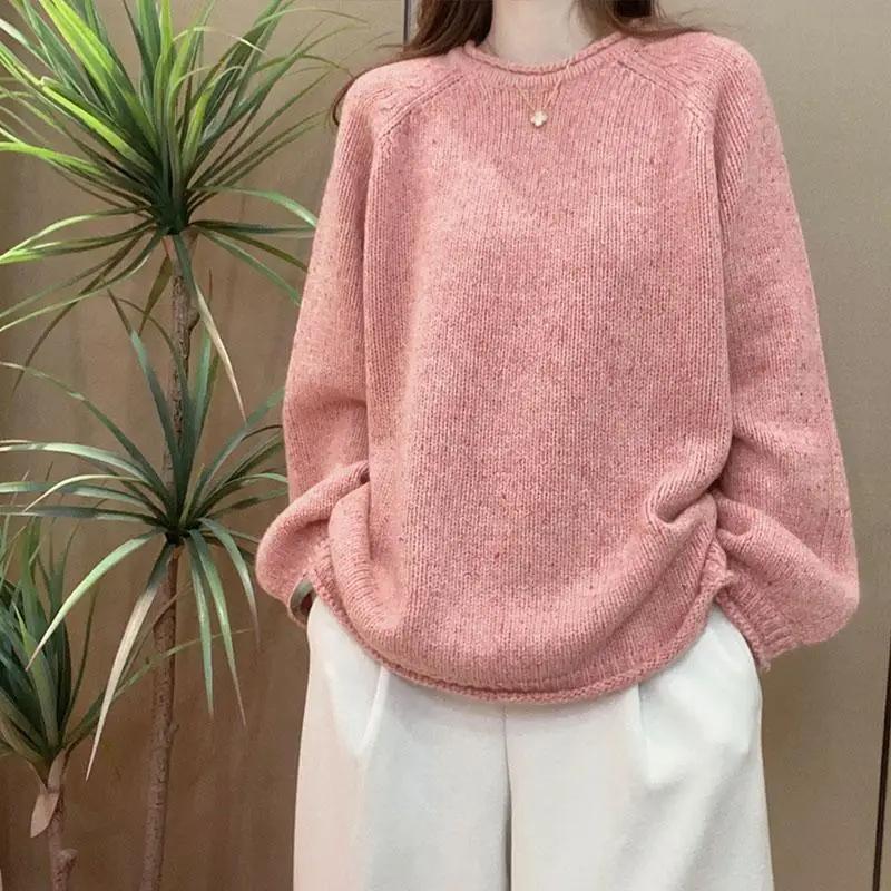 Solid Color Fashion Casual Long Sleeved Thick All Wool Sweater Women's Korean Version Loose and Lazy Style Versatile