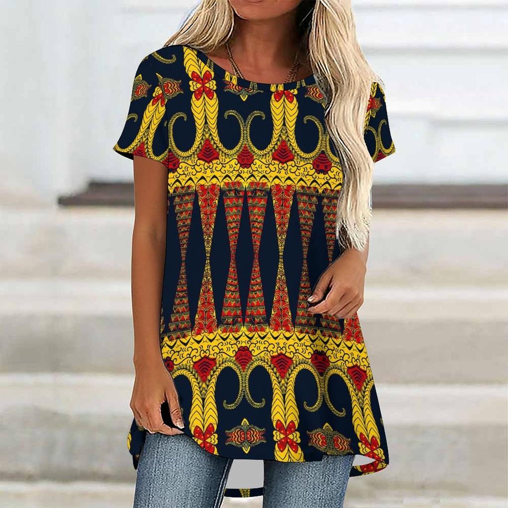 Túnicas Casuales Informales para Mujer con Estampado, Cuello Redondo, Dobladillo Irregular y Manga Corta