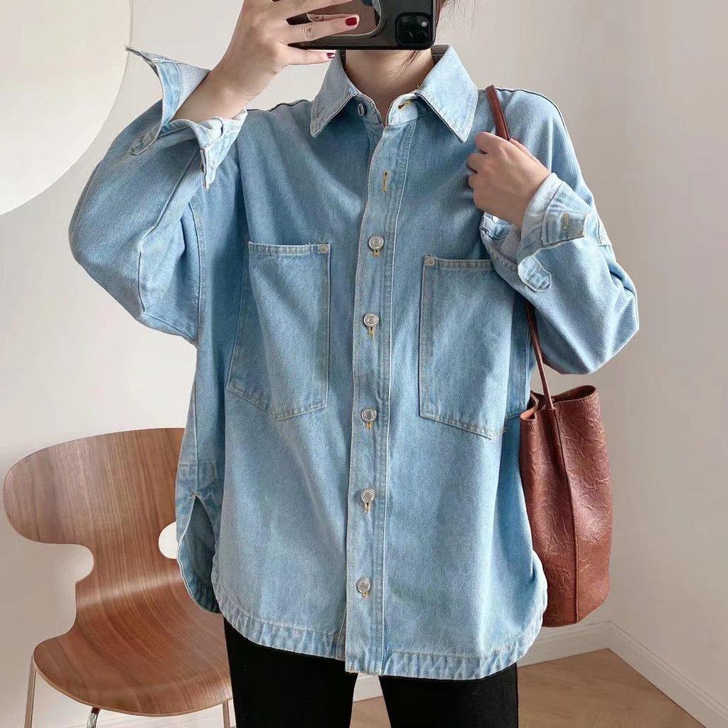Women's Washed Blue Denim Shirt Jacket with Pocket Embellishments - European & American Style, Autumn Collection