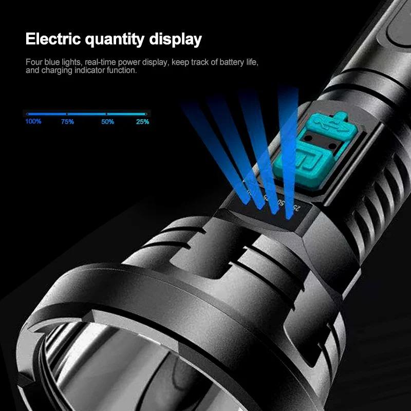 30w Big Strong Light LED Flashlight USB Rechargeable Tactical Hunting Camping Lantern Built In Battery Flash Light Power Display