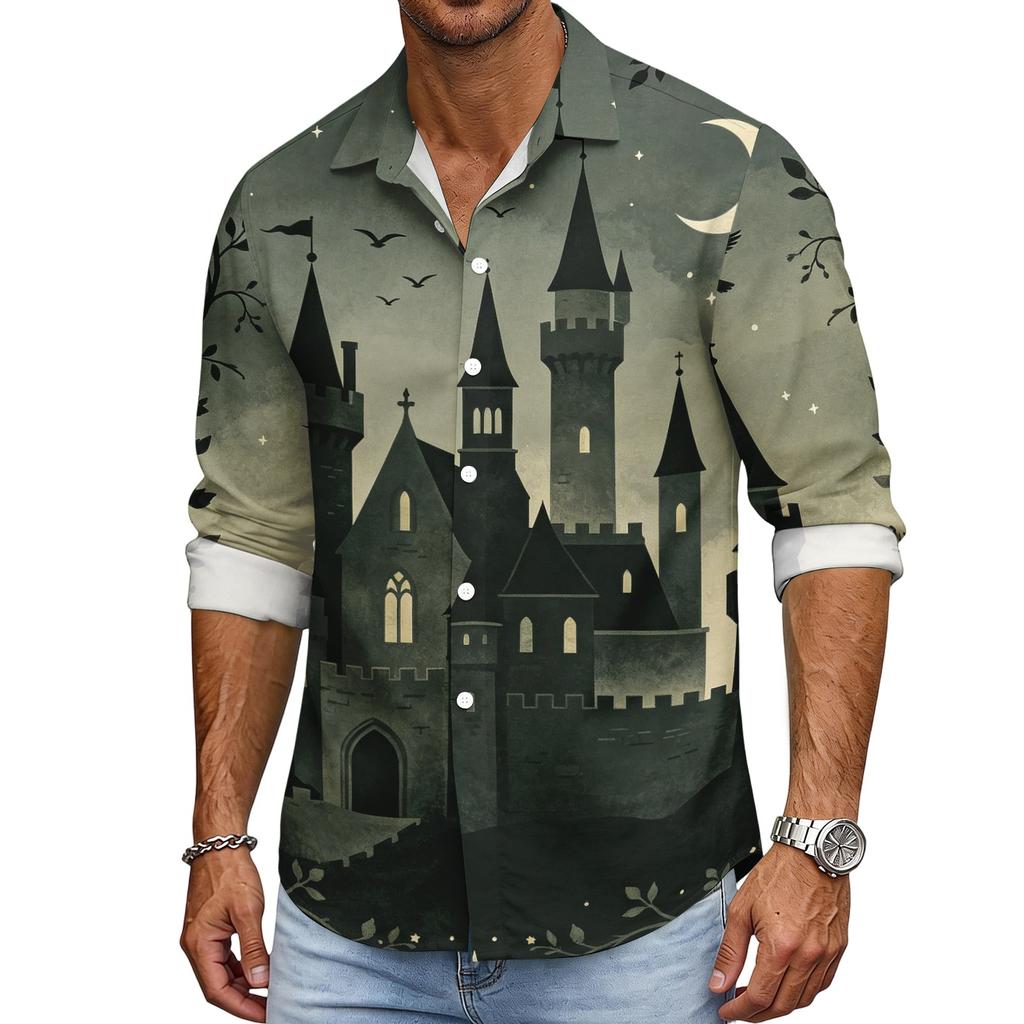 Men's Loose Fit Long Sleeve Shirt Halloween Pumpkin Print Casual Button Down Shirt Vintage Style Breathable Fabric Comfortable for Outdoor Workwear