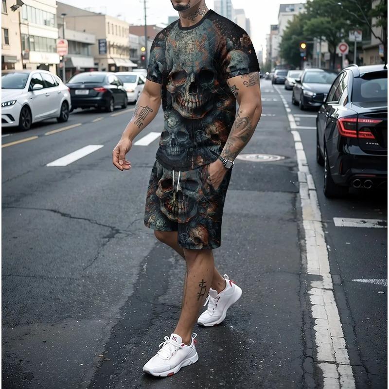 2025 Summer Crew Neck Skull Casual Sportswear Fitness Suit Outdoor Running Suit 3D Printed Men's Short Sleeve Breathable Shorts