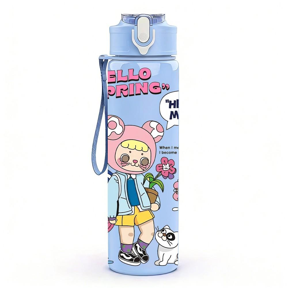 1PC Cute Girl Letter Doodle 750ml Color Plastic Sports Water Bottle Leakproof Flip Straw Lid Suitable for Sports Office Home Use