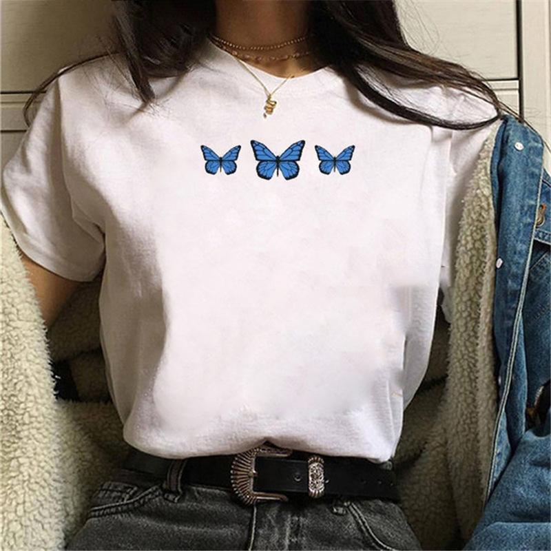 Short Sleeve Summer Fashion Women's Clothing Beautiful Watercolor Butterfly Printing White Ladies Casual Loose Personality TT-shirt