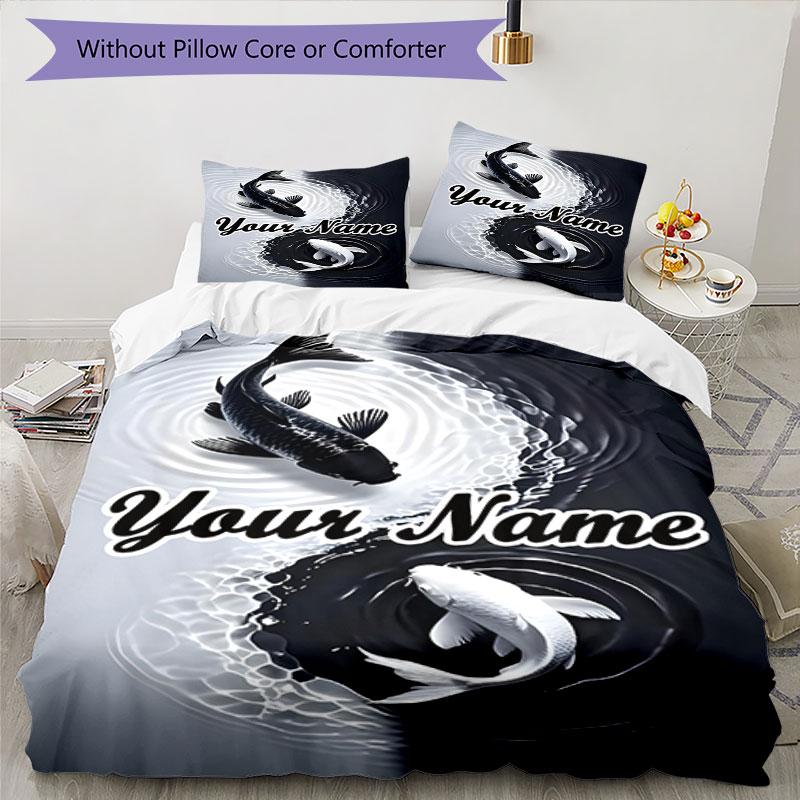 3PC Custom Name Koi Fish Yin Yang Bedding Set Duvet Cover Closure Includes 1 Duvet Cover & 2 Pillowcases for Bedroom