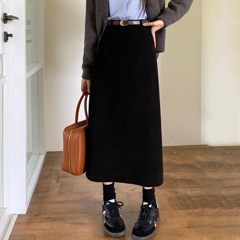 

Corduroy A-line Skirt for Women High-waisted Straight Mid-length Skirt Slim Fit Casual Vintage Clothing Autumn Winter S чорний