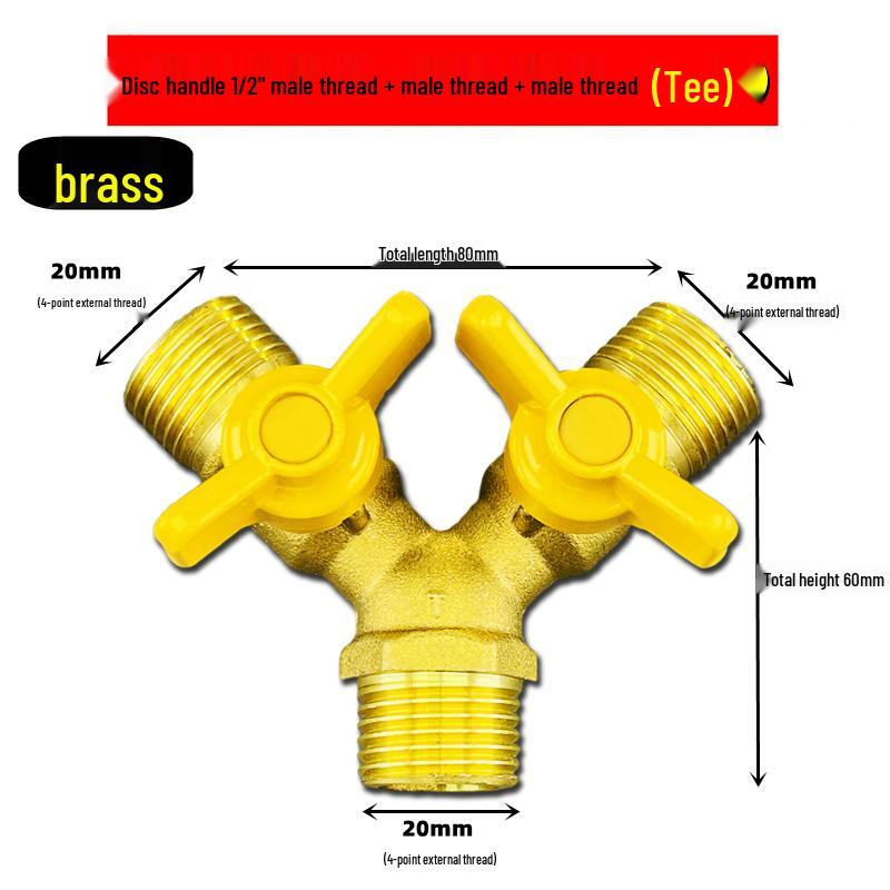 Brass Y-Type Gas Hose Three-Way Valve Connector with 4-Point Ventilation Ball Valve Switch.