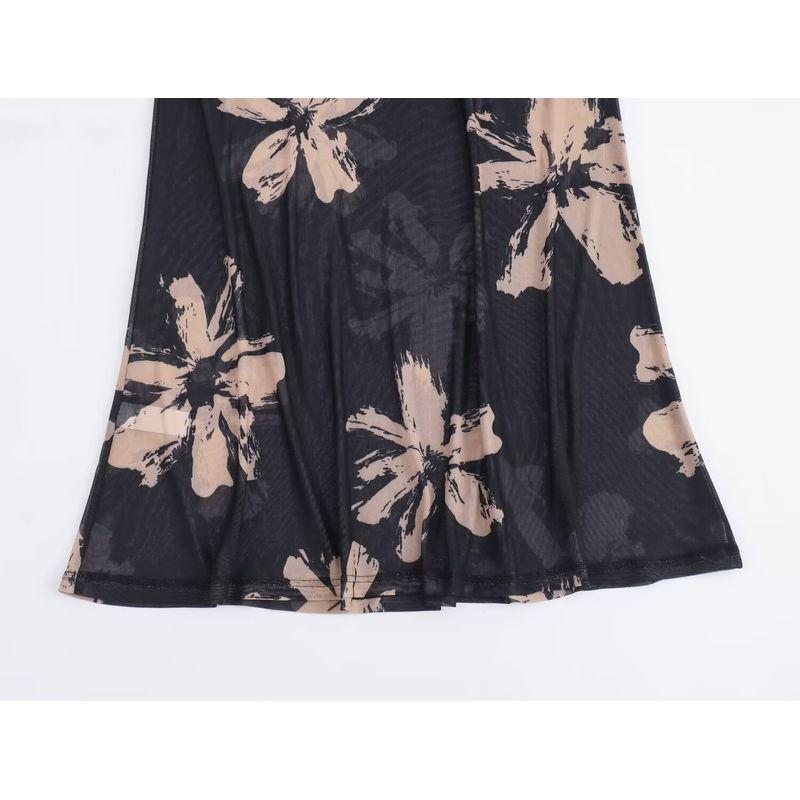 Kaslead New Arrival Women's Clothing Fashion Style Fashion Silm Print Mesh Cinched Hip Bag Long Sleeves Dress