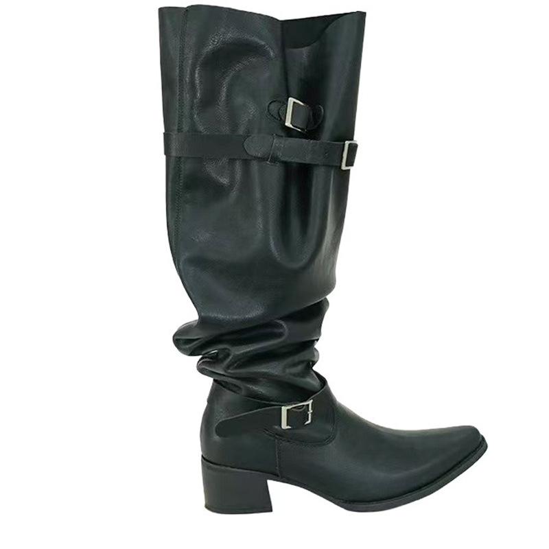 

Новые западные джинсовые ботинки с толстым каблуком для увеличения внутреннего роста, универсальные, на четыре сезона, дорожные, тонкие, ботфорты, женские ботинки высокого класса 40 чёрный