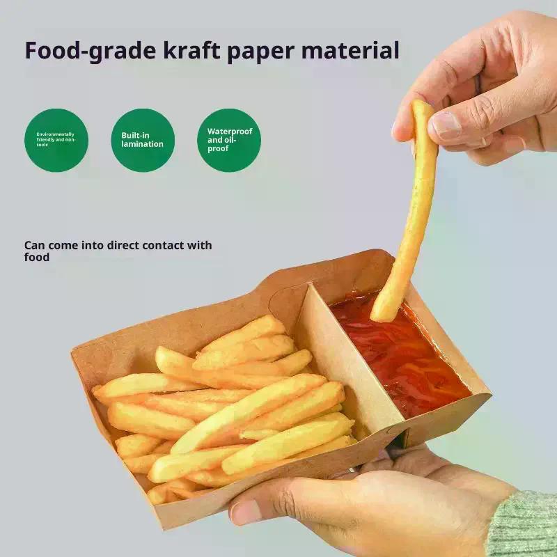 50 Stück Einweg Kraftpapier Lebensmittel Serviertablett Zwei Fächer Snack Pommes Hähnchen Salat Karton Zum Mitnehmen Behälter für Party