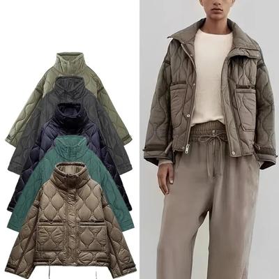 Women's Fashion Warm Cotton Jacket Fall and Winter Standing Collar Long Sleeve Front Zipper with Buttons Vintage Jacket