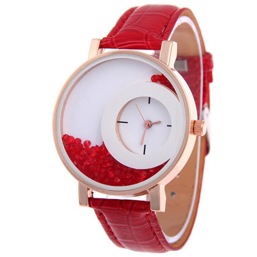Funny Watch  Rhinestone Designed Round Dial Adjustable Faux Leather Strap Analog Quartz Special Lady Watches AVE