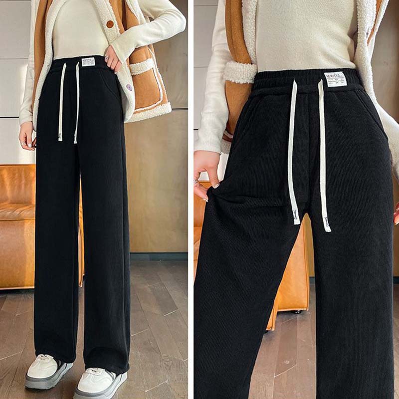 Calças femininas de inverno com elástico na cintura e forro de lã grossa, calças casuais de veludo cotelê com perna reta e quentes