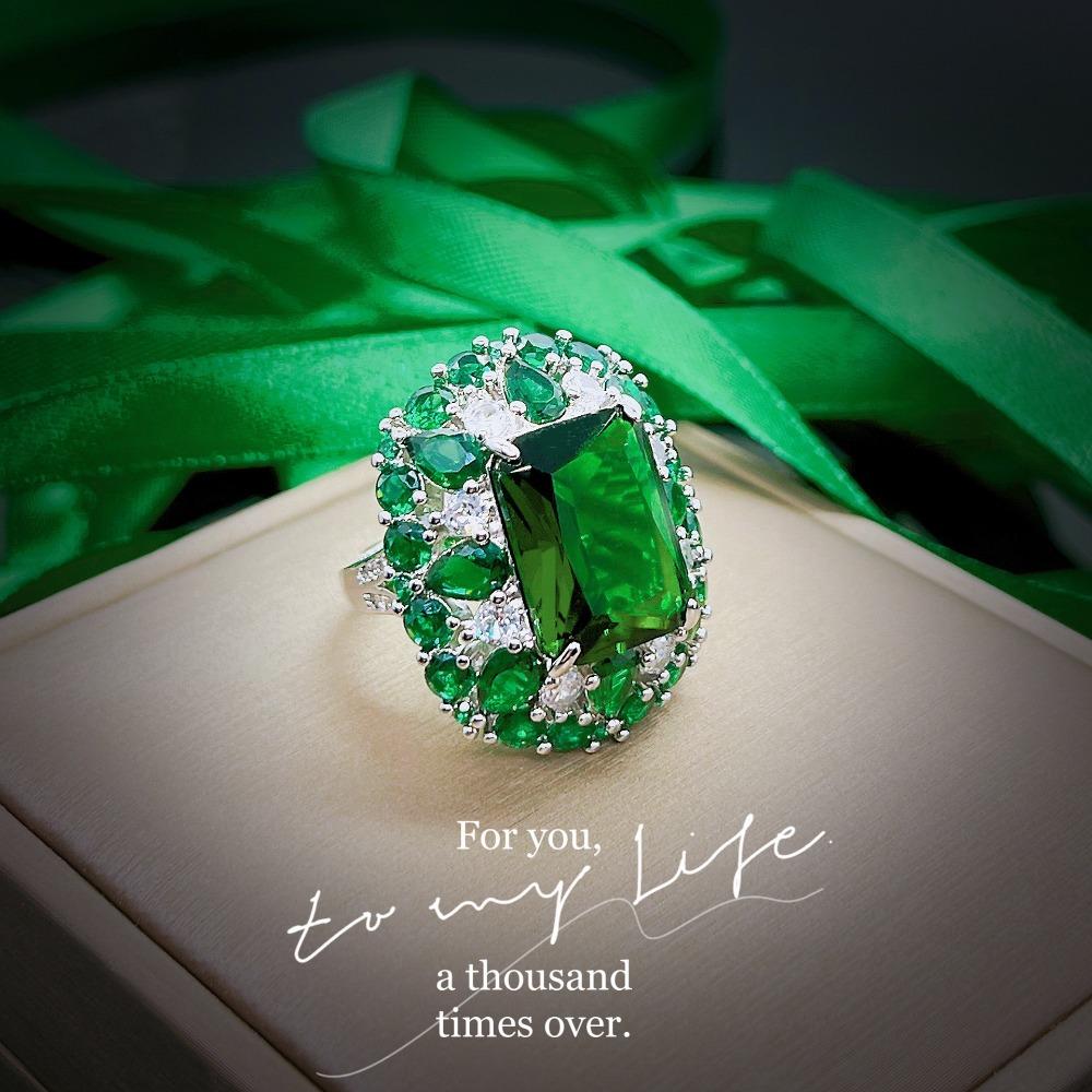 Open Ring Princess Square Emerald Simulated Green Nano Gemstone Adjustable Women Fashion Jewelry adjustable