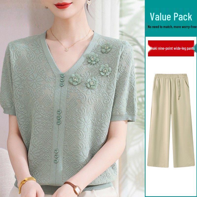 2026 Summer Ice Silk Blouse & T-Shirt Set for Moms and Seniors