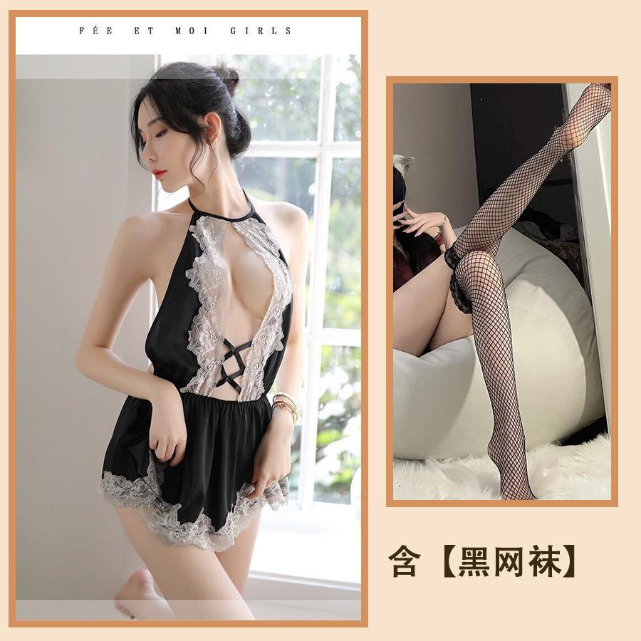 Sexy Lingerie Sexy Cute Girl Seduction Lace Neck Deep V Home Perspective Nightdress Set