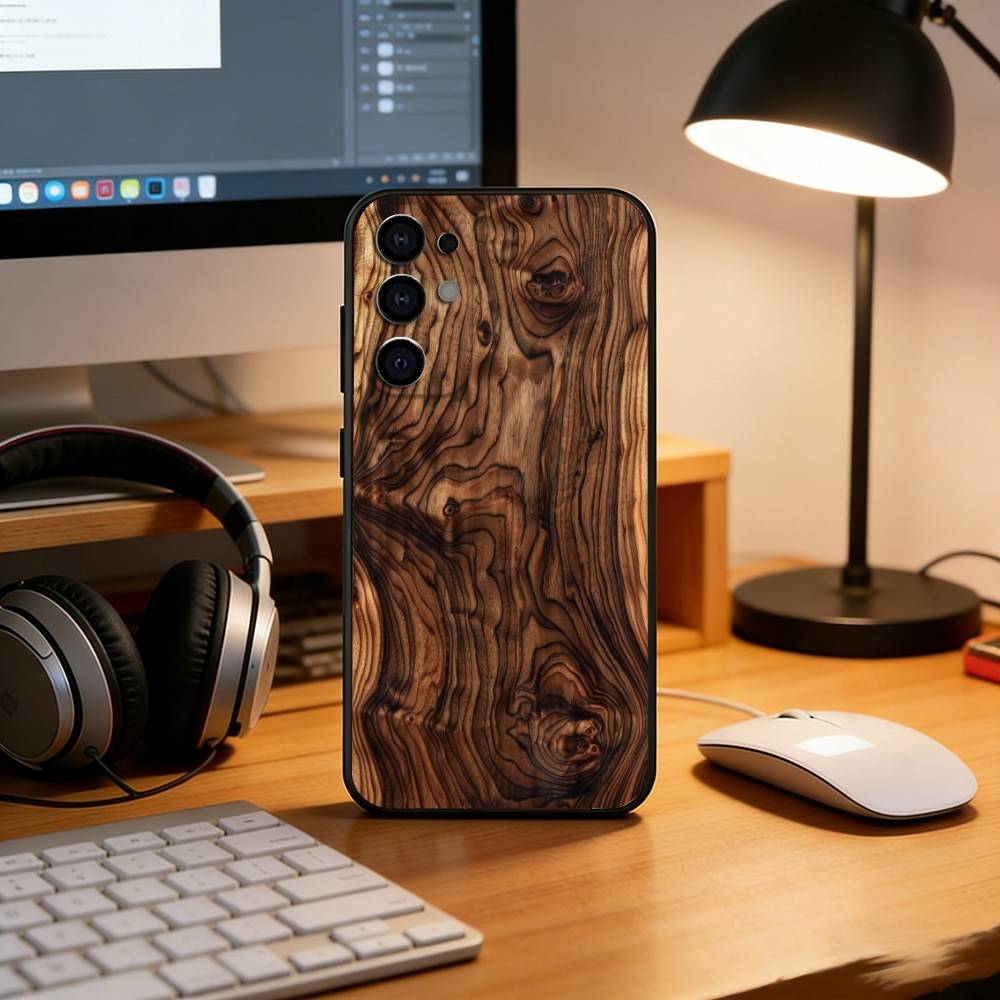 N-Natural wood Phone Case Black Silicone Soft For Samsung S25,S24,S21,S22,S23,S30,Ultra,S20,Plus,Fe,Lite Samsung S25Plus