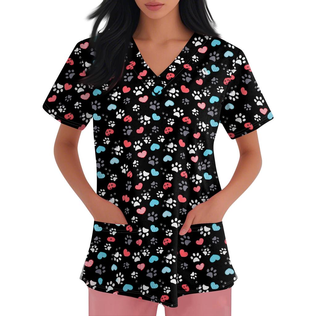Women's V-neck Cartoon Printed Short-sleeved Pocket Side-slit Protective Suit Top