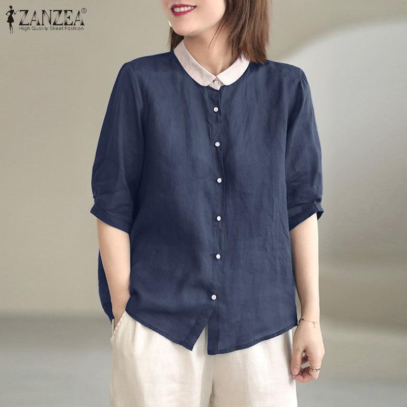 

ZANZEA Женская мода Пэчворк Отвернутый воротник Половина рукава Блузка Футболка