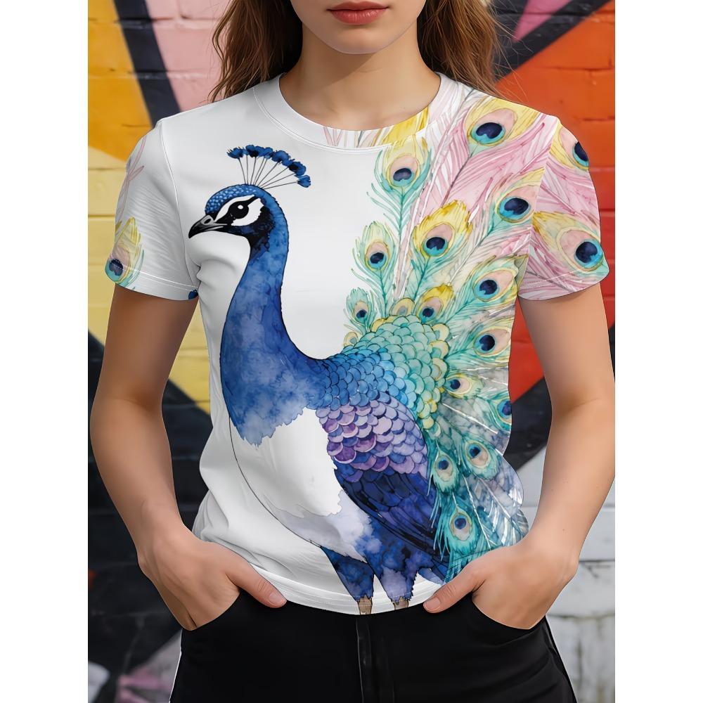 

Lady Funny Tops Crew Neck Short Sleeve Vivid Peacock Print T Shirt Women s Outfits Casual Streetwear Fashion Tees Summer Clothes M