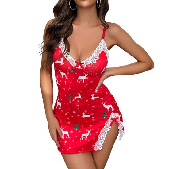 

Женская кружевная ночная сорочка, сексуальная майка на бретелях-спагетти, ночная сорочка без рукавов с V-образным вырезом и боковым разрезом, одежда для сна, рождественская комбинация, платье-слип S красный