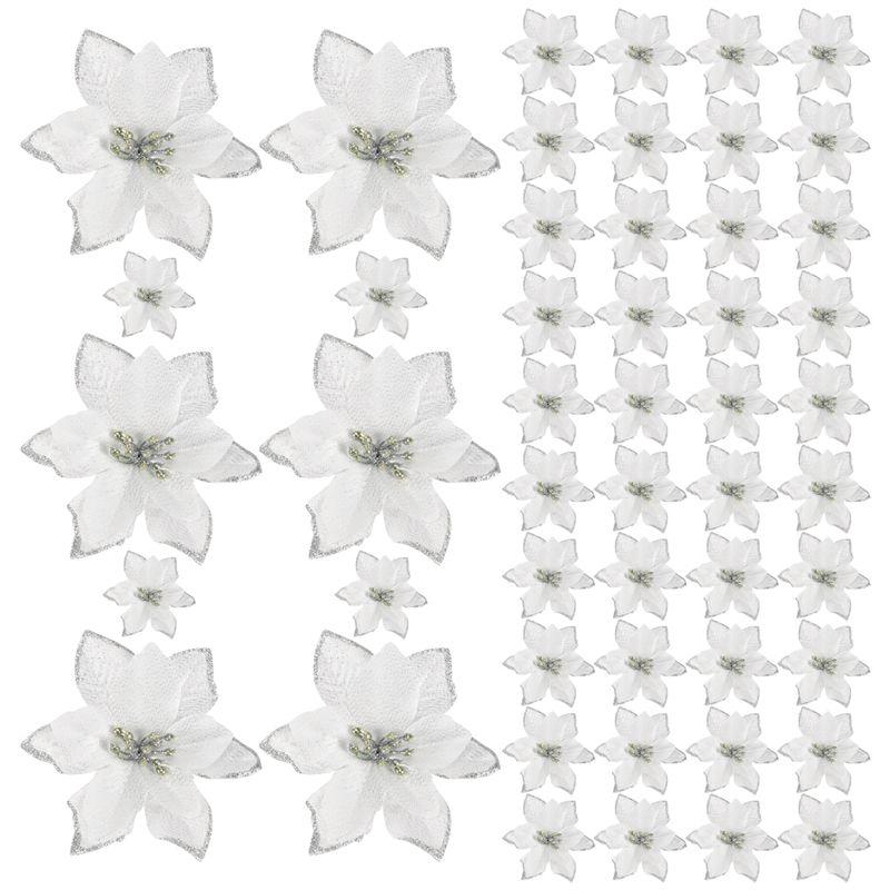 

Good-50 Pack Glitter Poinsettia Christmas Tree Ornaments Artificial Silk Flowers Picks Decor Wreath Garland Holiday срібний