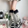 Cotton Knee Length Socks for Women Ruffle Lace Top Grunge Skull Music Note Print Stockings for Dance and Everyday Use