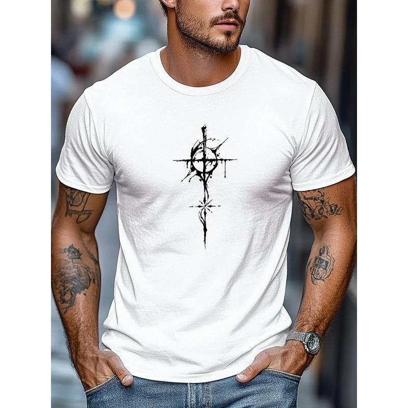Men's T-shirt, Simple and Clean, Relaxed and Casual, Men's Background with White Mysterious Pattern, Casual Crew Neck Short-sleeve T-shirt