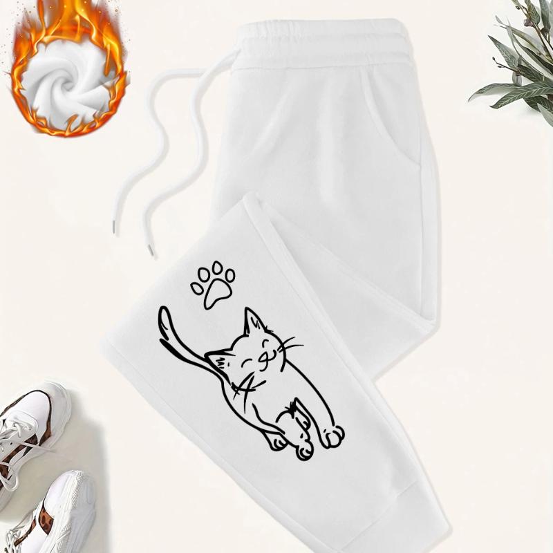 Cute Cat And Paw Print Prints Sweatpants Women Basics Jogger Pants Comfortable Fleece Loose Trousers Autumn Winter Woman Clothes