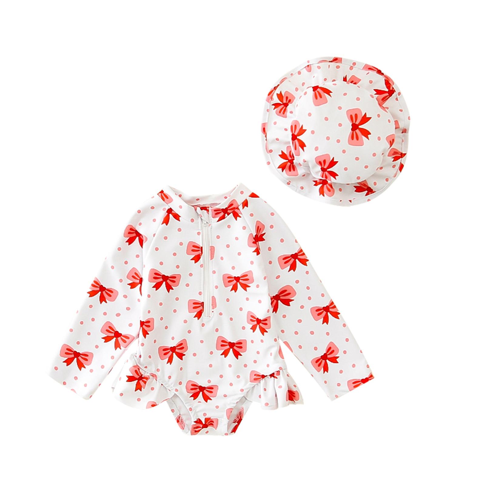 

Купальники для девочек-малышей, защитный костюм с шапочкой, комплект из 2 предметов, с бантом, на молнии, с длинным рукавом и круглым вырезом, купальники для маленьких девочек 6-9 Months