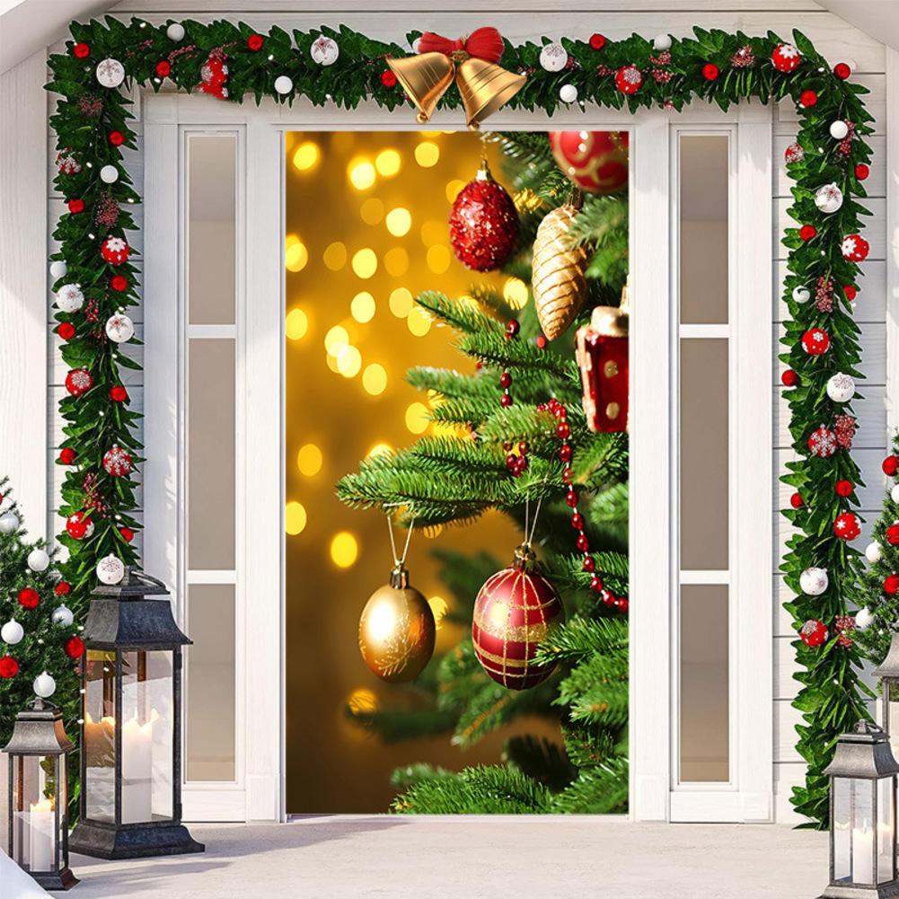 Colorful Christmas Door Casing Stretchy Fabric Curtain 200x90cm Festive Hanging Cloth Sticker For Holiday Season Home Decoration