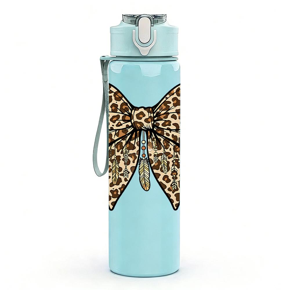 1PC Classic Leopard Print Bow 750ml Color Plastic Sports Water Bottle Leakproof Flip Straw Lid Suitable for Sports Office Home Use